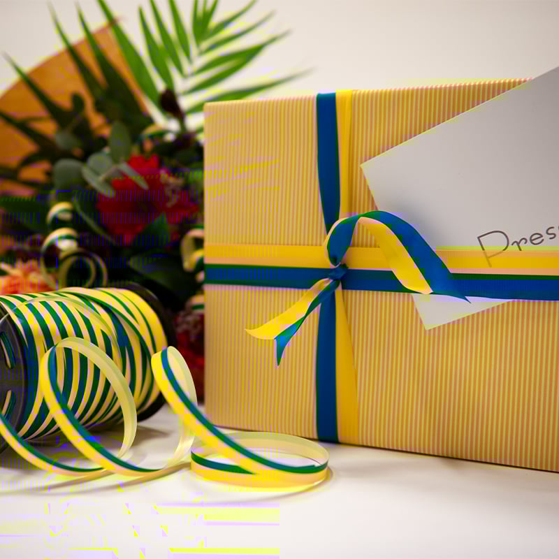 Presentband satin blå/gul - 4