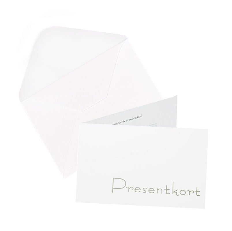 Presentkort vitt med grå text