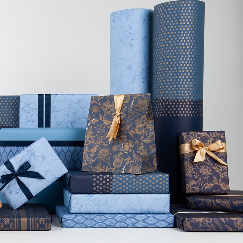 Presentpapper Half Dots Blue/Gold - 4