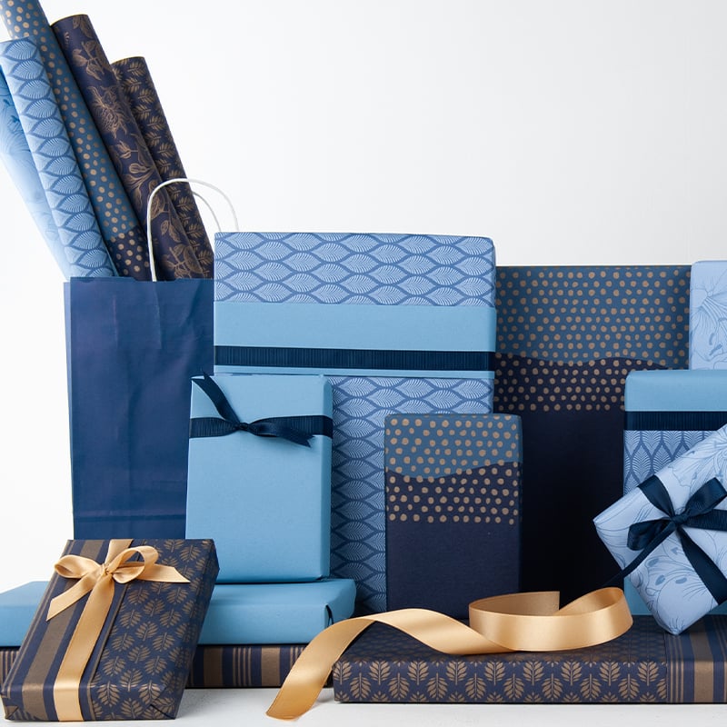 Presentpapper Leaf Blue/Gold - 4