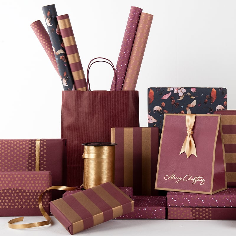 Presentpapper Half Dots Bordeaux/Gold - 5