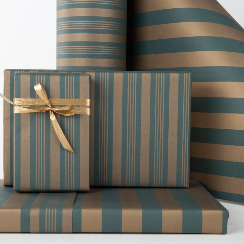 Presentpapper French Stripes Green/Gold - 2