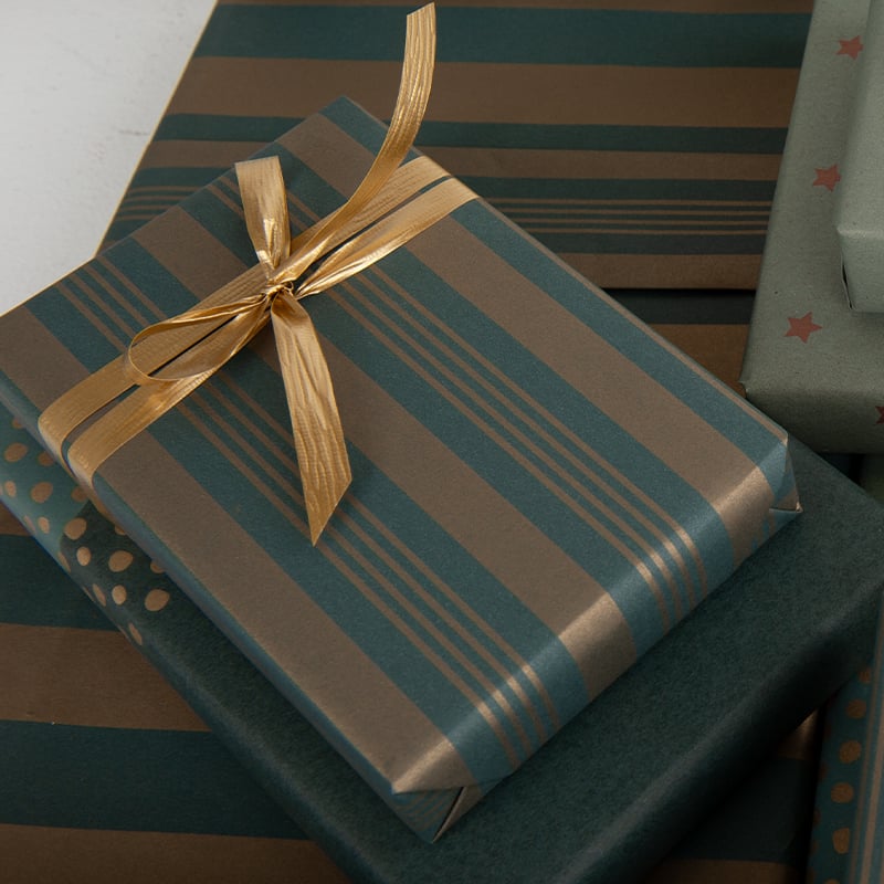 Presentpapper French Stripes Green/Gold - 3