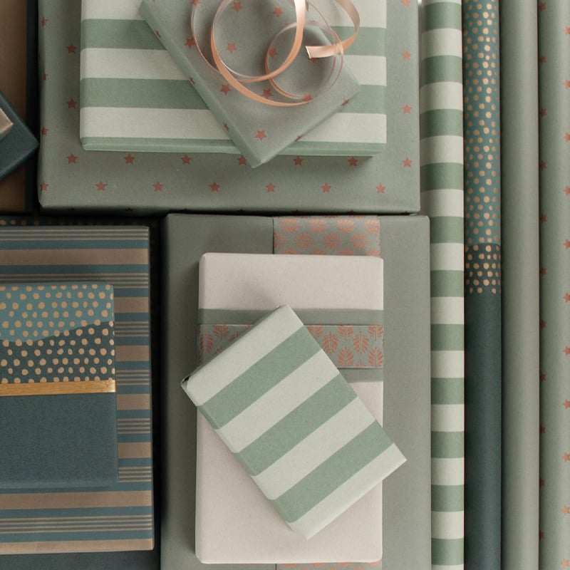 Presentpapper French Stripes Green/Gold - 4