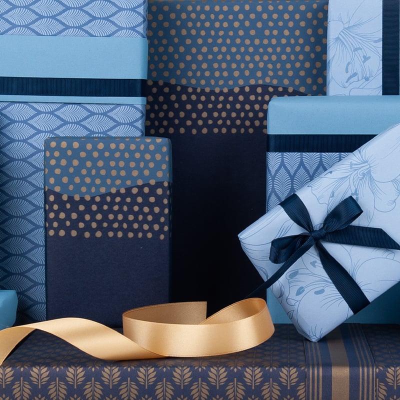 Presentpapper Half Dots Blue/Gold - 3