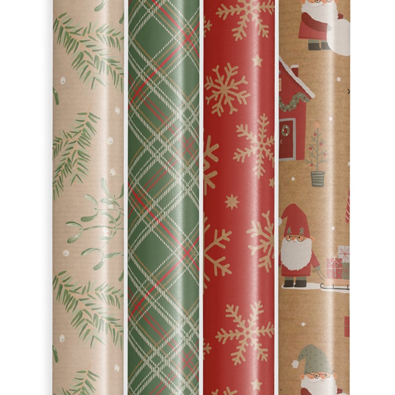 Presentpapper konsumentrullar i box. Julpapper kraft mix