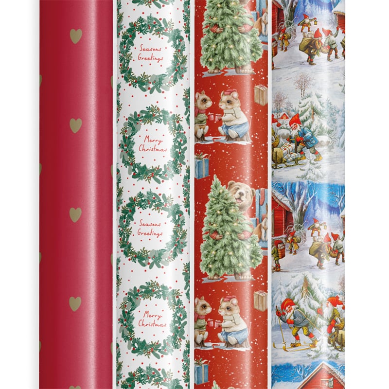 Presentpapper konsumentrullar i box. Julpapper klassisk mix