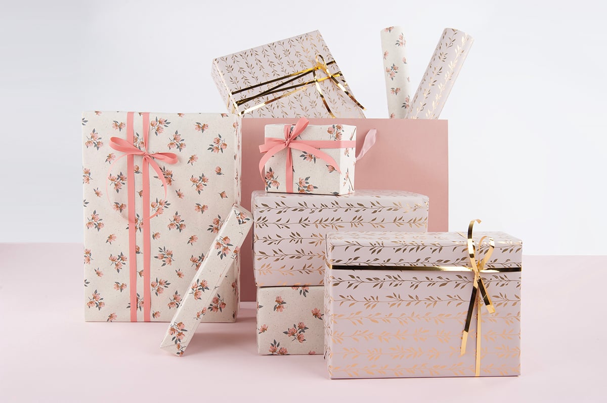 Presentpapper Bladslinga rosa/guld - 2