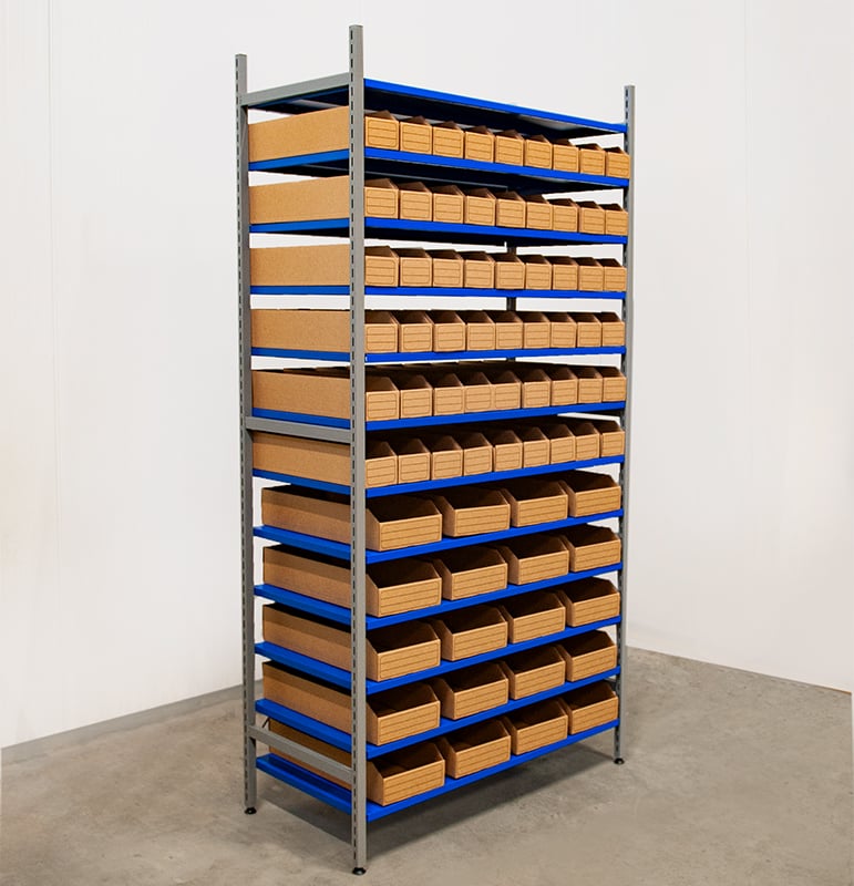 Komplett hylla 100 st lagerlådor i wellpapp, kombination - 4