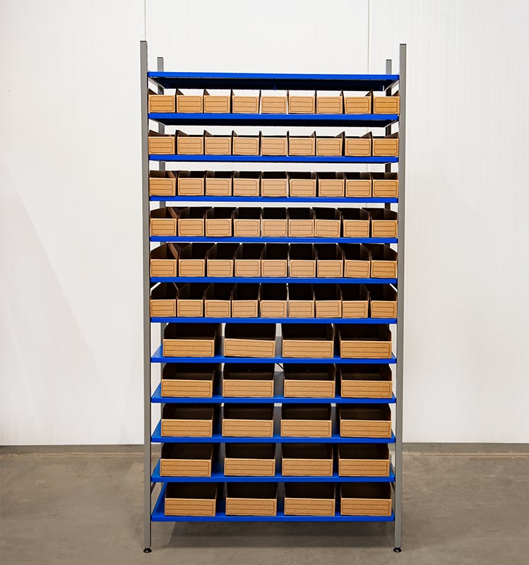 Komplett hylla 100 st lagerlådor i wellpapp, kombination - 3